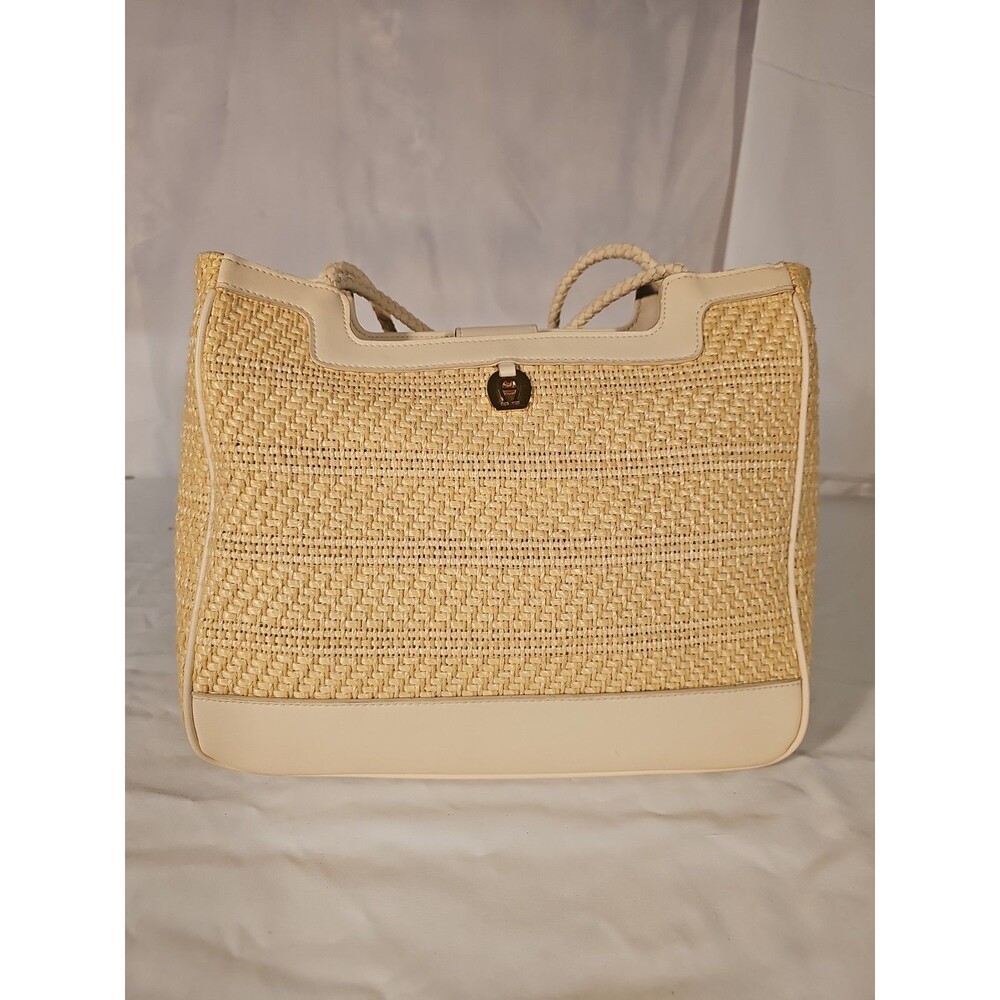 Vintage Etienne Straw Woven Cream and Brown Satchel Purse Handbag